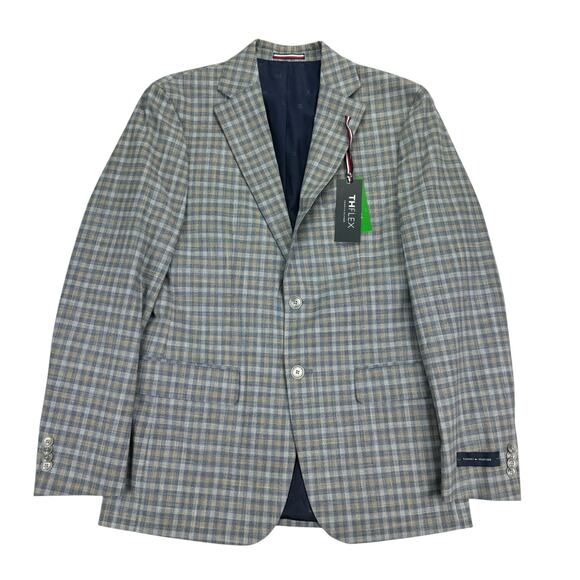 Tommy Hilfiger Mens TH Flex Modern Fit Plaid Windowpane Sport Coat Gray Blue 38R